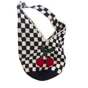 Festival Crochet Hobo Bag black, and white check with cherry appliqués